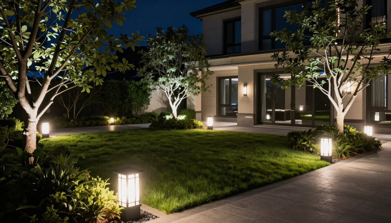 Modern house exterior at night with lit trees, lawn, and pathway lights