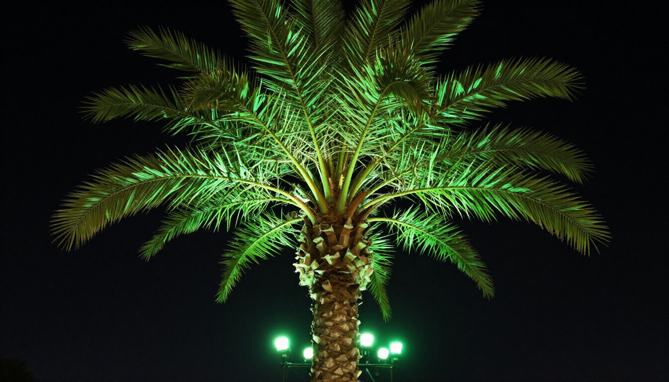 Illuminated palm tree at night with green lights against a dark background
