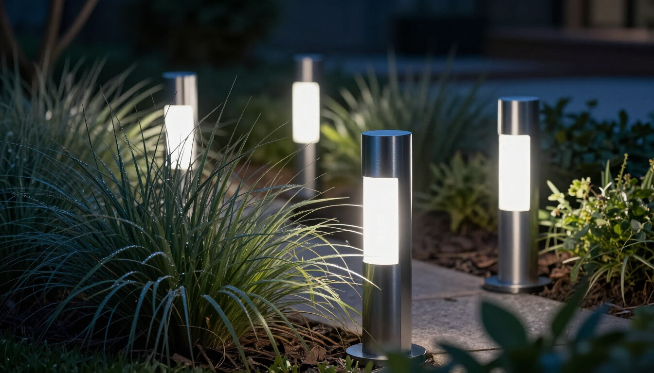 Four glowing pathway lights illuminating ornamental grasses at dusk