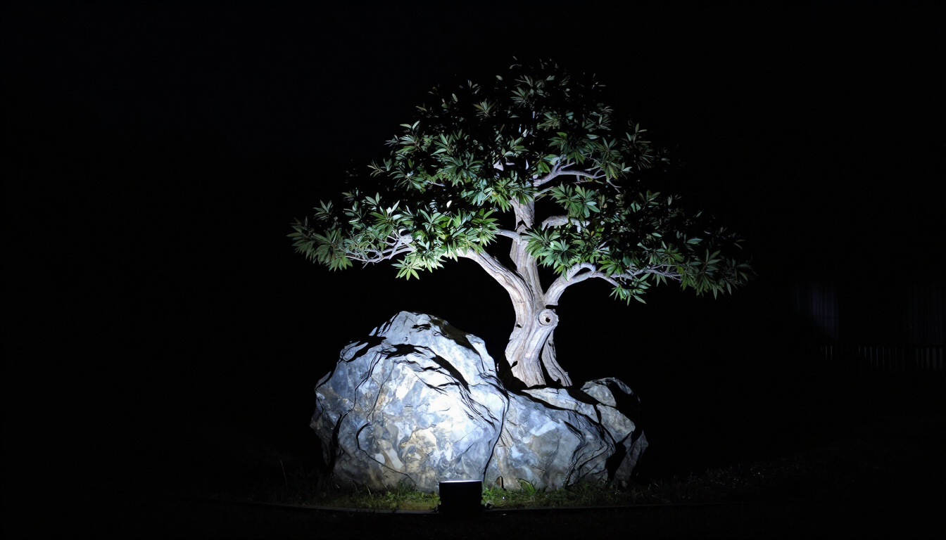 A small tree lit on top of a large rock in a dark, black background.