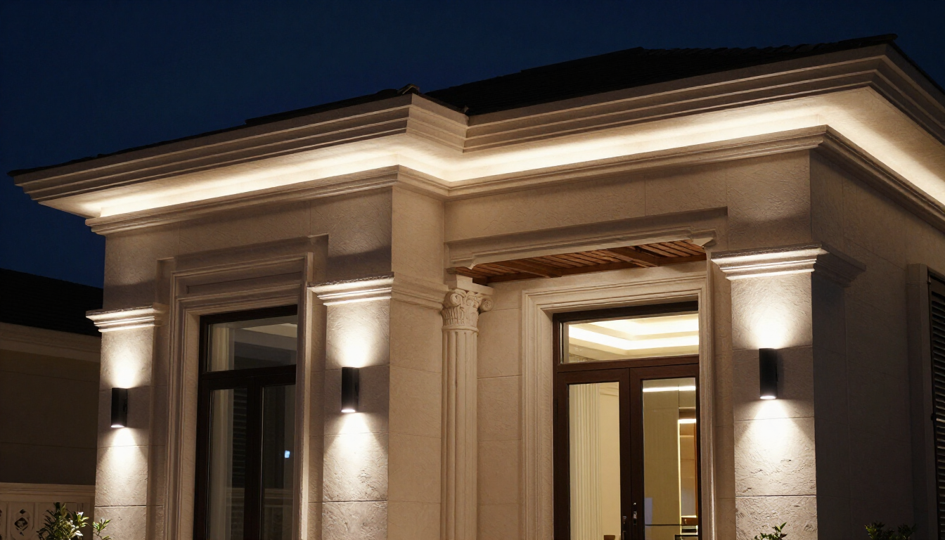 Illuminated neoclassical building entrance at night with lit columns and doorway