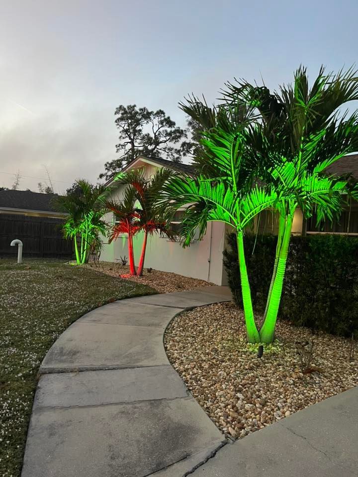 Curved walkway beside a house, lined with green and red lit palm trees at dusk.