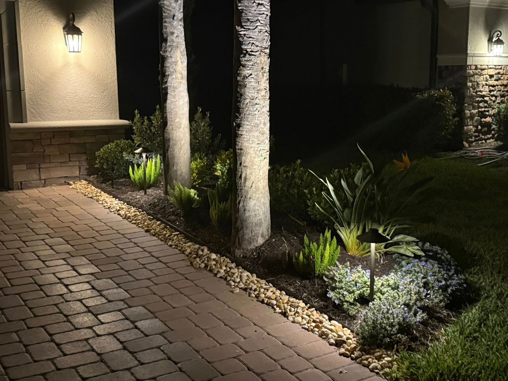 Lit brick walkway beside a landscaped garden with shrubs and trees beside a house at night