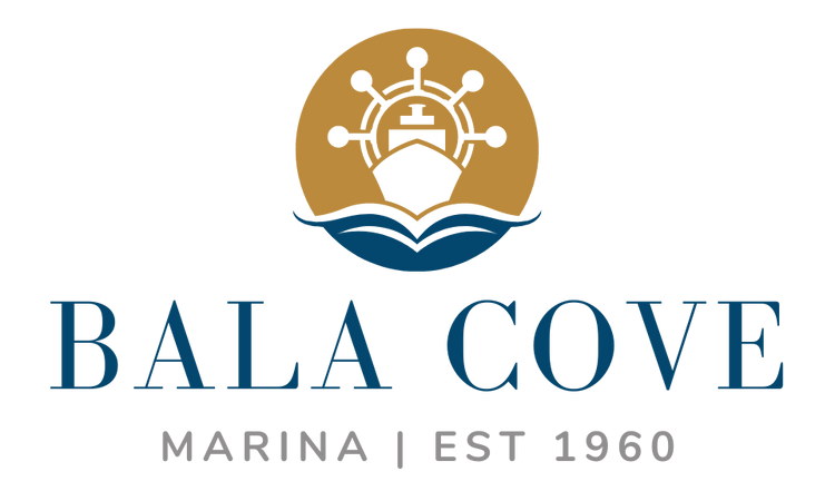 A logo for bala cove marina with a boat and a steering wheel