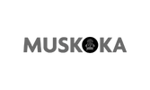 A black and white logo for muskoka on a white background.