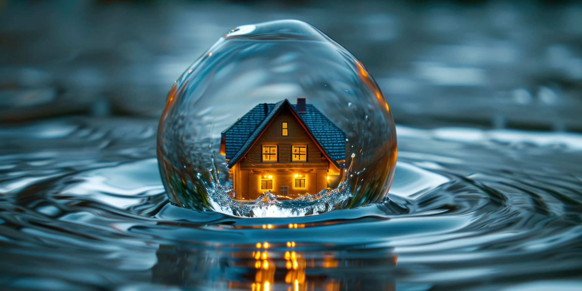 Una palla di vetro con una casa al suo interno galleggia nell'acqua