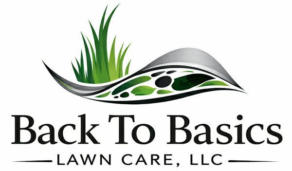 Logo for Back To Basics Lawn Care, LLC, featuring green grass blades and a metallic wave design with green and black spots.