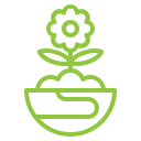 A line drawing of a flower growing out of a bowl of dirt.