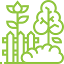 A line drawing of a garden with trees and a fence.