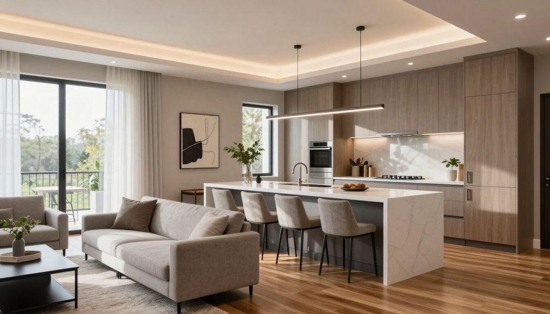 Modern open-plan living space with kitchen island, living area, and balcony access. Natural light floods the area.