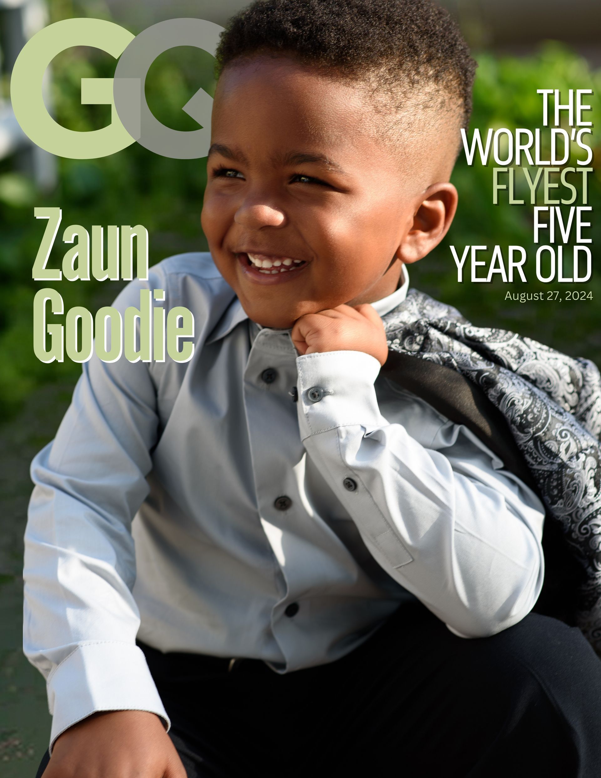 Magazine cover with a smiling child in a light blue shirt, with “GQ” and “THE WORLD’S YOUNGEST FIVE YEAR OLD” text.