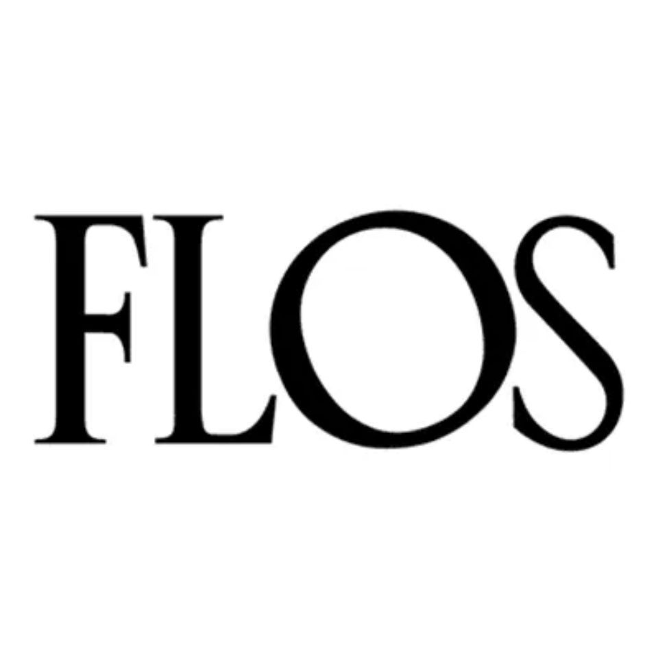 Logo con grazie nere recante la scritta “FLOS” su sfondo bianco.
