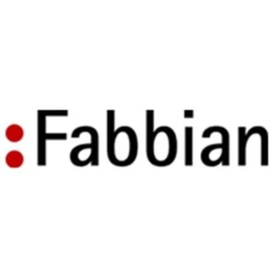 Logo dei Fabbisteen con due punti rossi e testo nero su sfondo bianco.