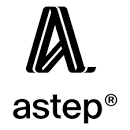 Logo Astep in lettere minuscole nere con una