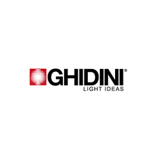 Logo GHIDINI con icona quadrata rossa e scritta nera “LIGHT IDEAS” su sfondo bianco.