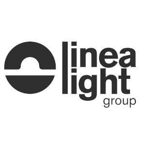 Logo di Linea Light Group in bianco e nero con icona circolare e testo sovrapposto.