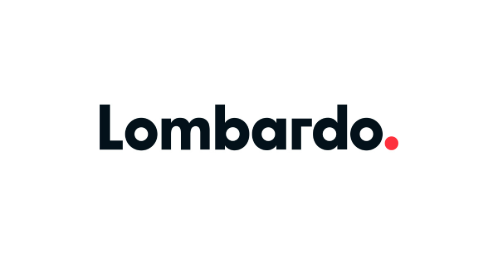 Logo Lombardo in nero con un piccolo punto rosso su sfondo bianco.