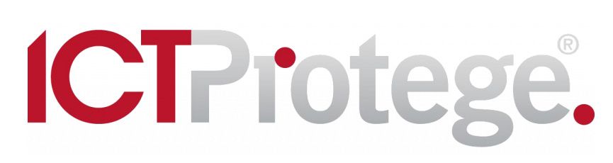 A red and white logo for icprotege on a white background
