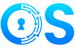A blue and white logo with a keyhole in the middle.