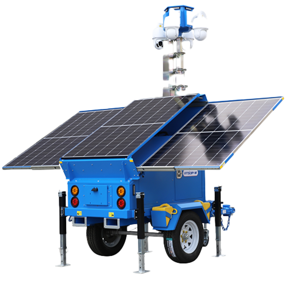 A blue trailer with solar panels on top of it
