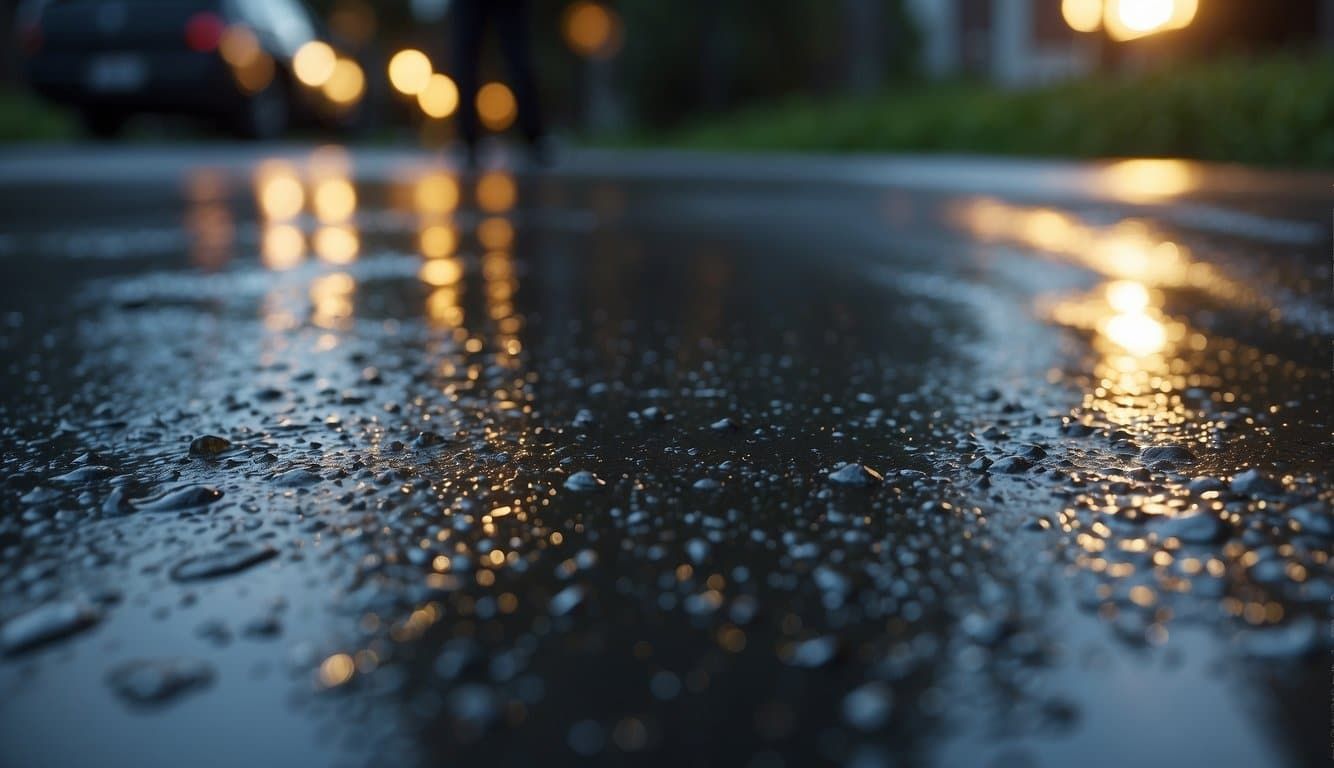Close-up of water droplets and puddles on asphalt driveway surface after a storm