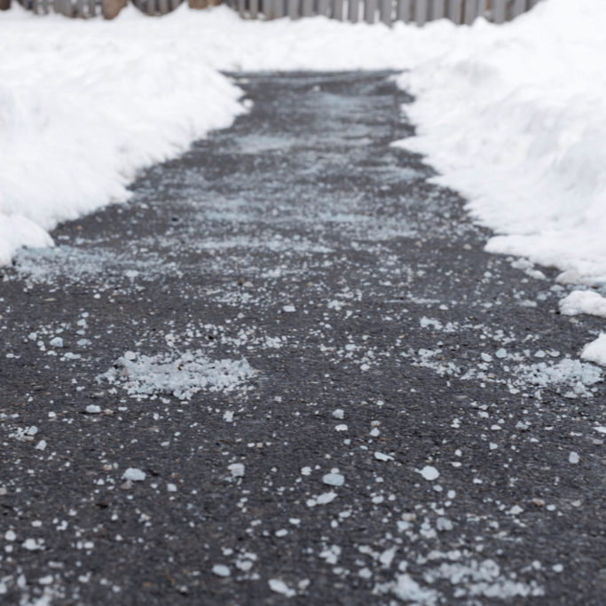 Snow-covered driveway cleared with salt, flanked by snowbanks.
