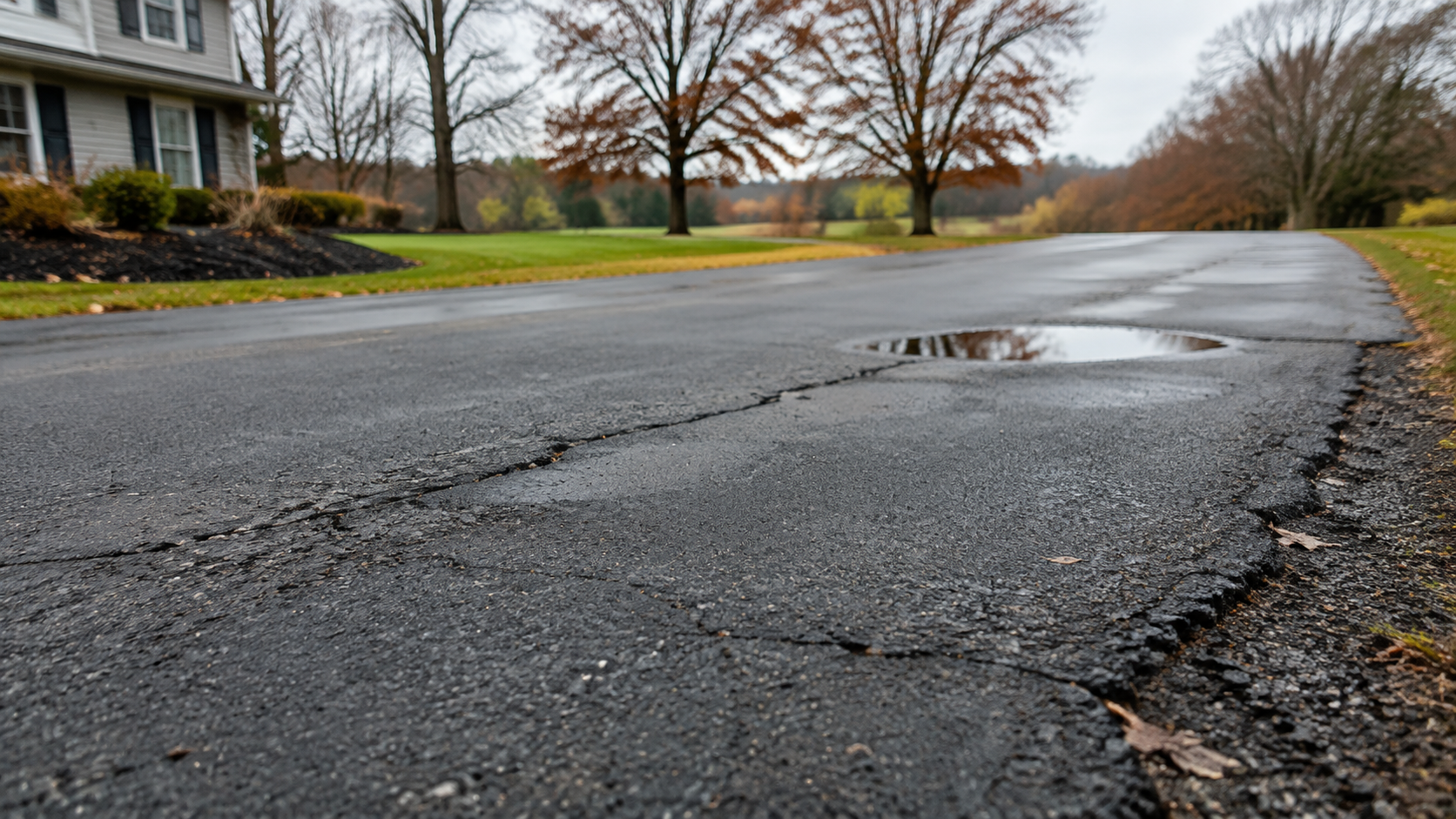 Cracks and surface wear on a Pennsylvania asphalt driveway before freeze-thaw weather