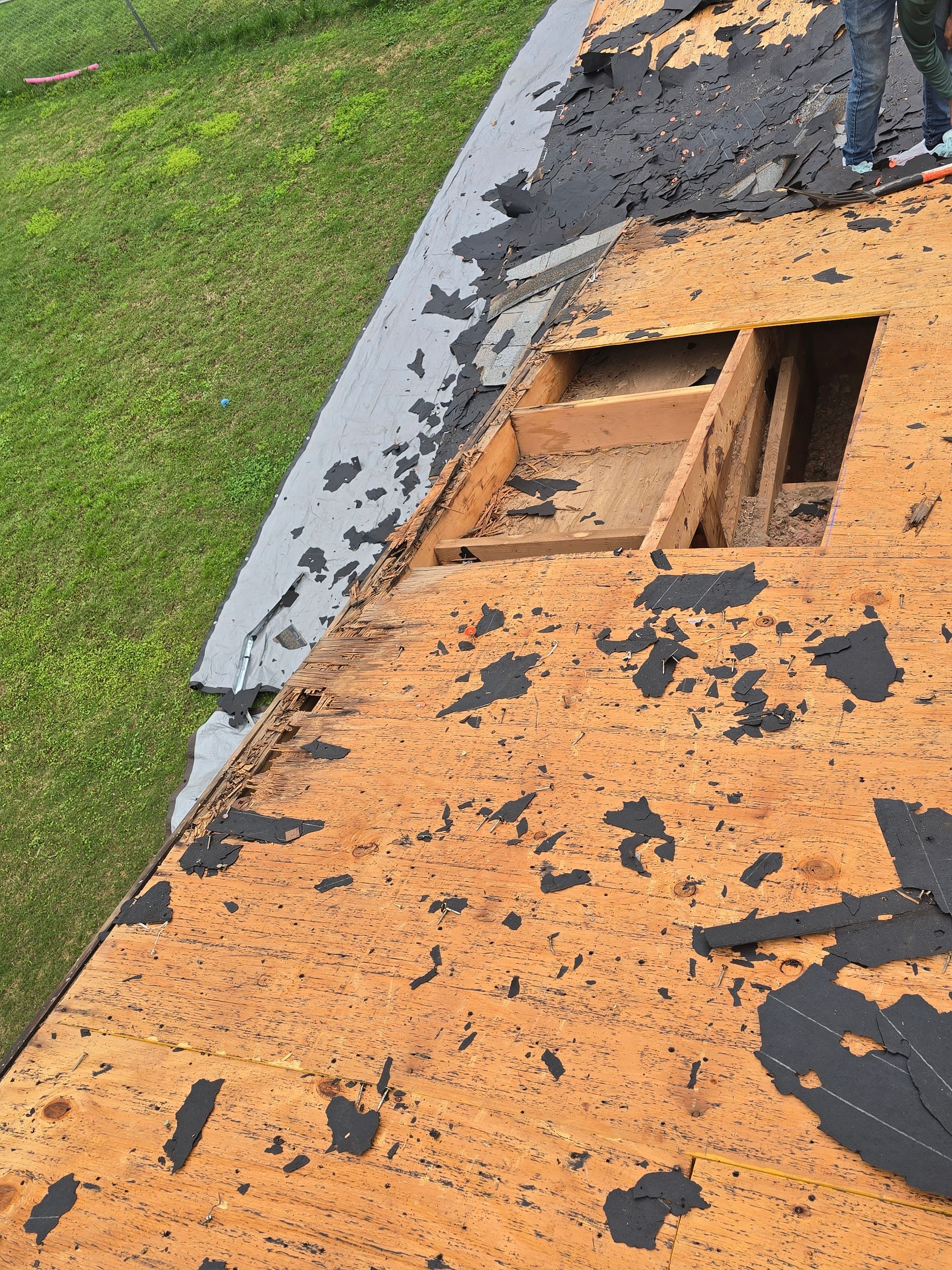Damaged roof with peeled orange shingles and black debris beside green grass