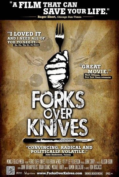 Movie poster for Forks Over Knives: a hand holding a fork above a knife, text with quotes on a textured background.