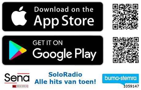 Downloadlinks voor de Apple App Store en Google Play, met QR-codes, het Sena-logo en de SoloRadio-slogan.