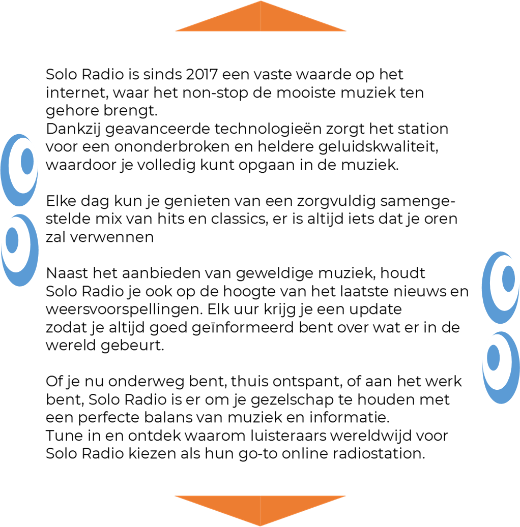 Tekst met oranje pijlen en een blauw logo, reclame voor een radiostation.