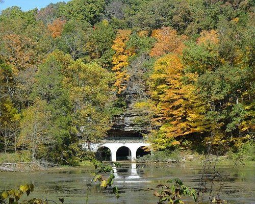 Autumn forest with a white arched bridge over calm water
