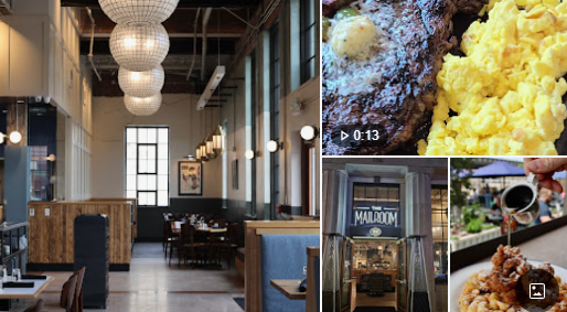 Restaurant interior with hanging globe lights and a collage of food and storefront photos
