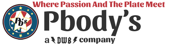 Pbody’s logo with the slogan “Where Passion And The Plate Meet” and a circular P’s emblem on a white background