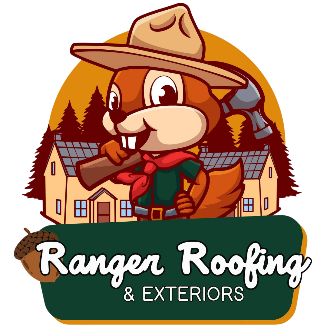 A logo for ranger roofing and exteriors with a squirrel in a cowboy hat holding a hammer.
