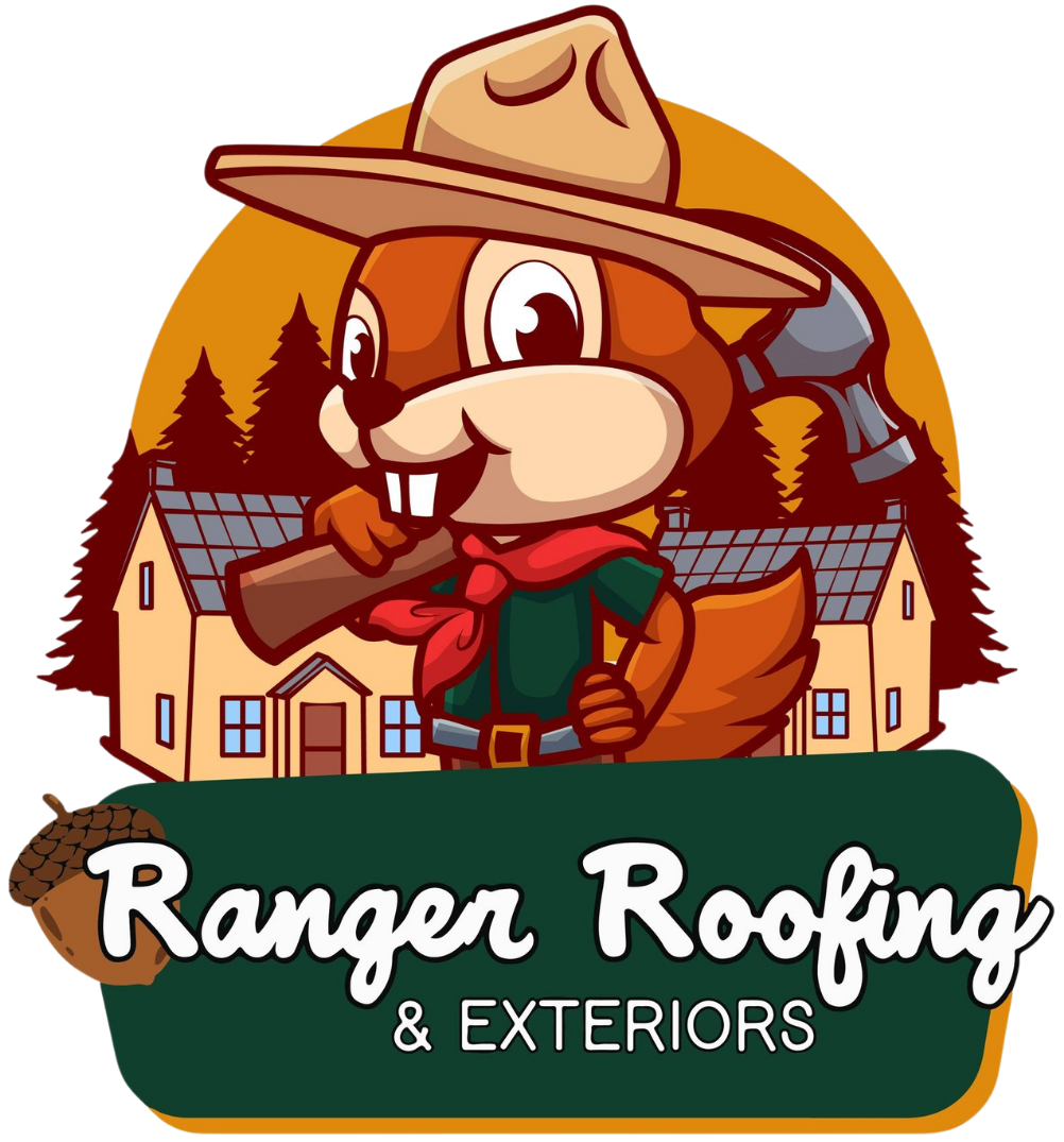 A logo for ranger roofing and exteriors with a squirrel in a cowboy hat holding a hammer.