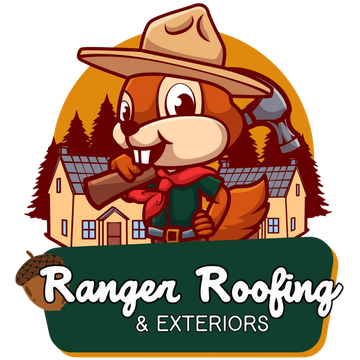 A logo for ranger roofing and exteriors with a squirrel in a cowboy hat holding a hammer.