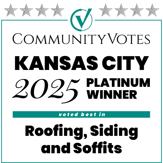 Award badge for 2025 Community Votes Platinum Roofing contractor
