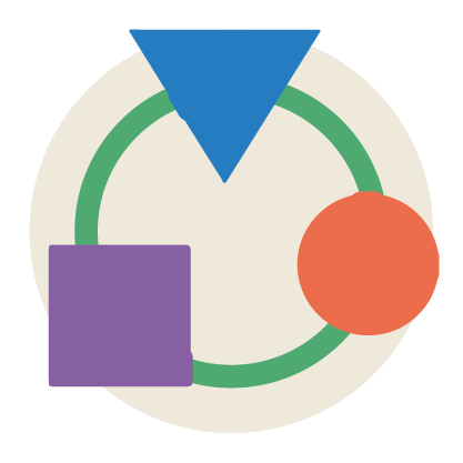 Um triângulo azul, um quadrado roxo e um círculo laranja dispostos em torno de um caminho circular verde.