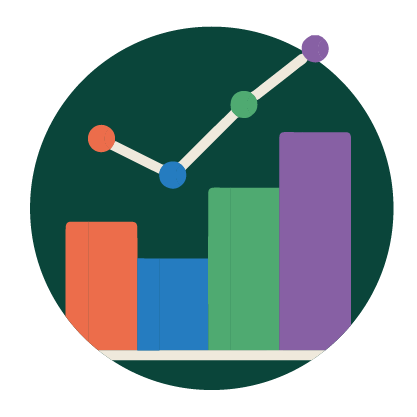 Gráfico de barras com um gráfico de linhas sobreposto mostrando tendências crescentes, dentro de um círculo verde escuro.
