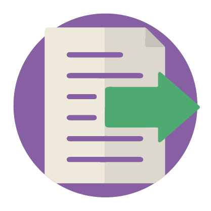 Documento com seta verde apontando para a direita, dentro do círculo roxo.