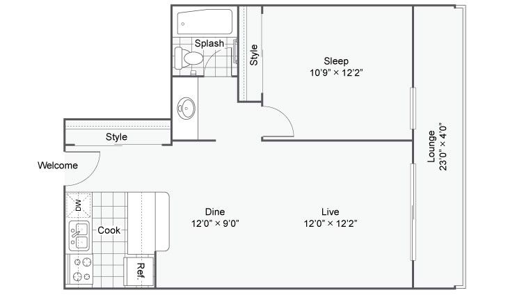 Black-and-white apartment floor plan showing kitchen, dining, living room, bedroom, bath, and a closet.