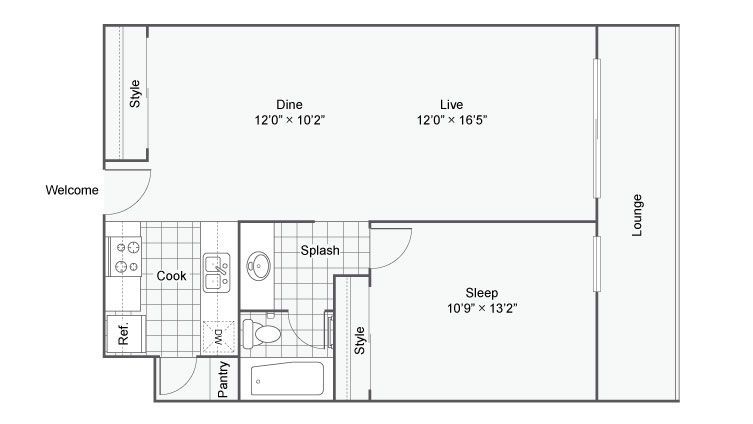 Black-and-white floor plan of a one-bedroom apartment with living, kitchen, bath, and storage areas.