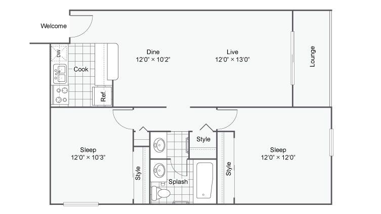 Black-and-white floor plan of a small apartment with living room, kitchen, two bedrooms, and one bath.