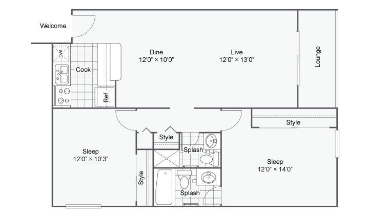 Floor plan of a small apartment with kitchen, living room, two bedrooms, bath, and balcony.