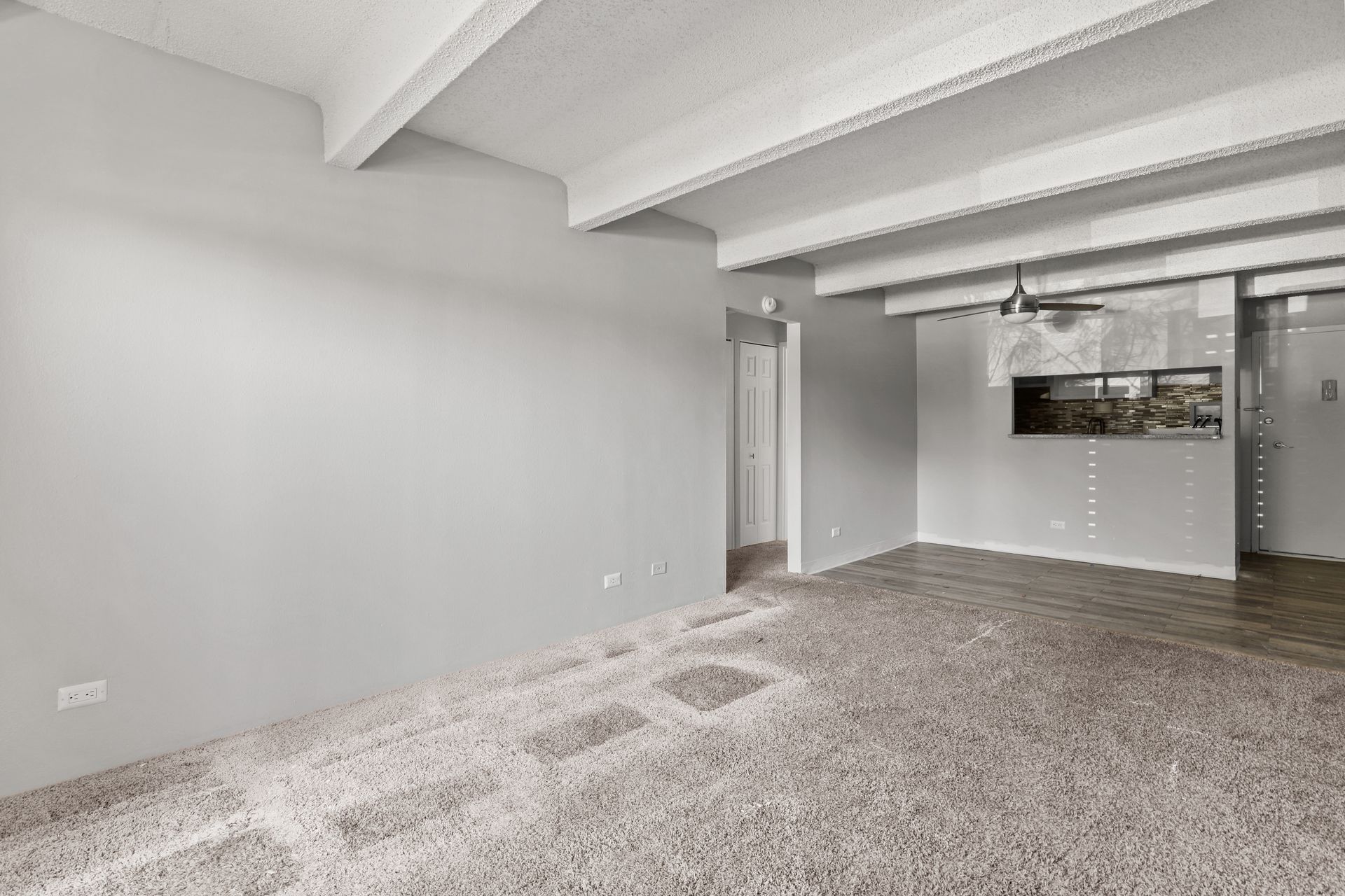 Empty basement room with gray walls, exposed ceiling beams, and carpeted floor