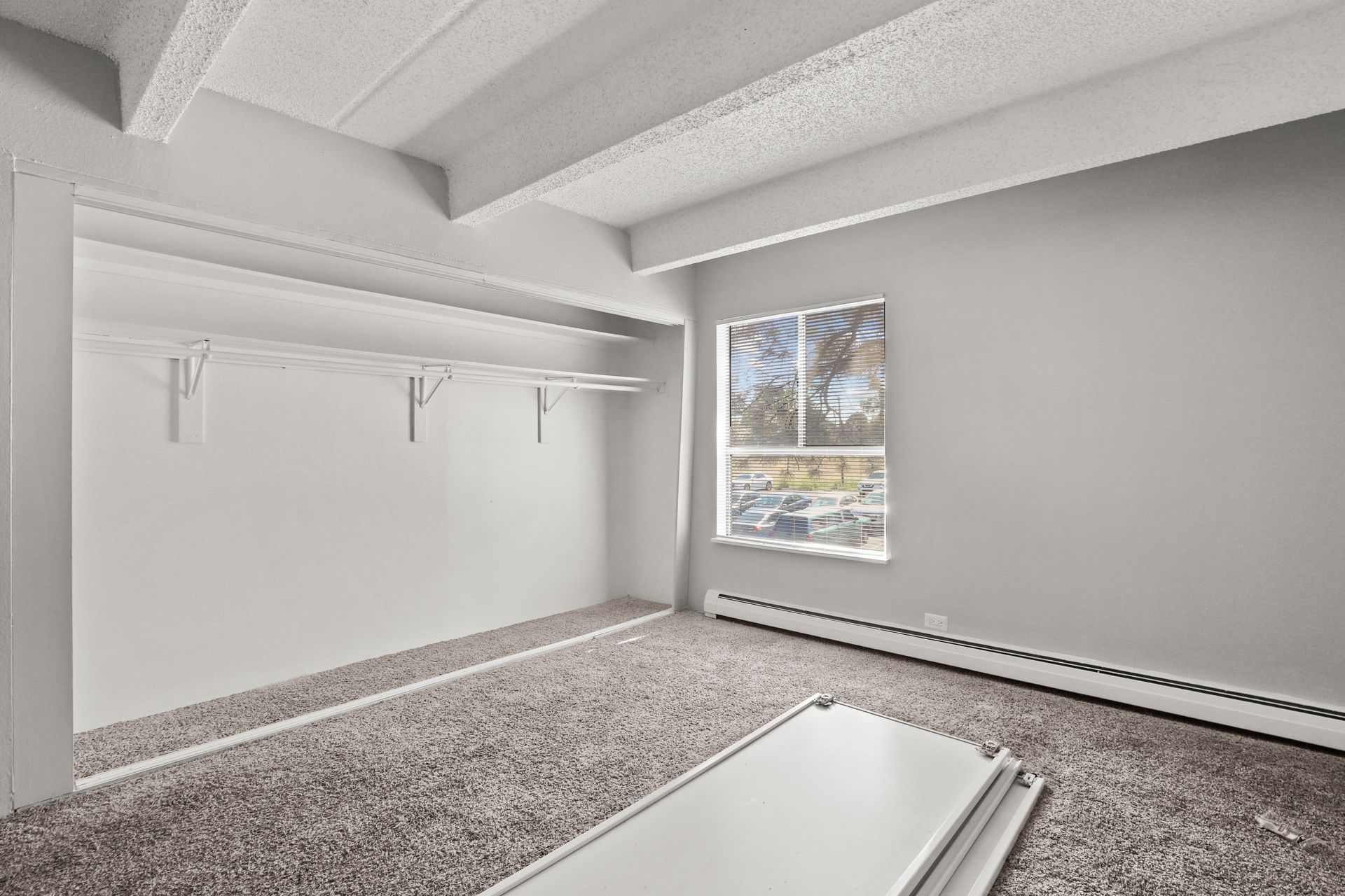 Empty carpeted bedroom with white walls, window light, and built-in shelf and hanging rods