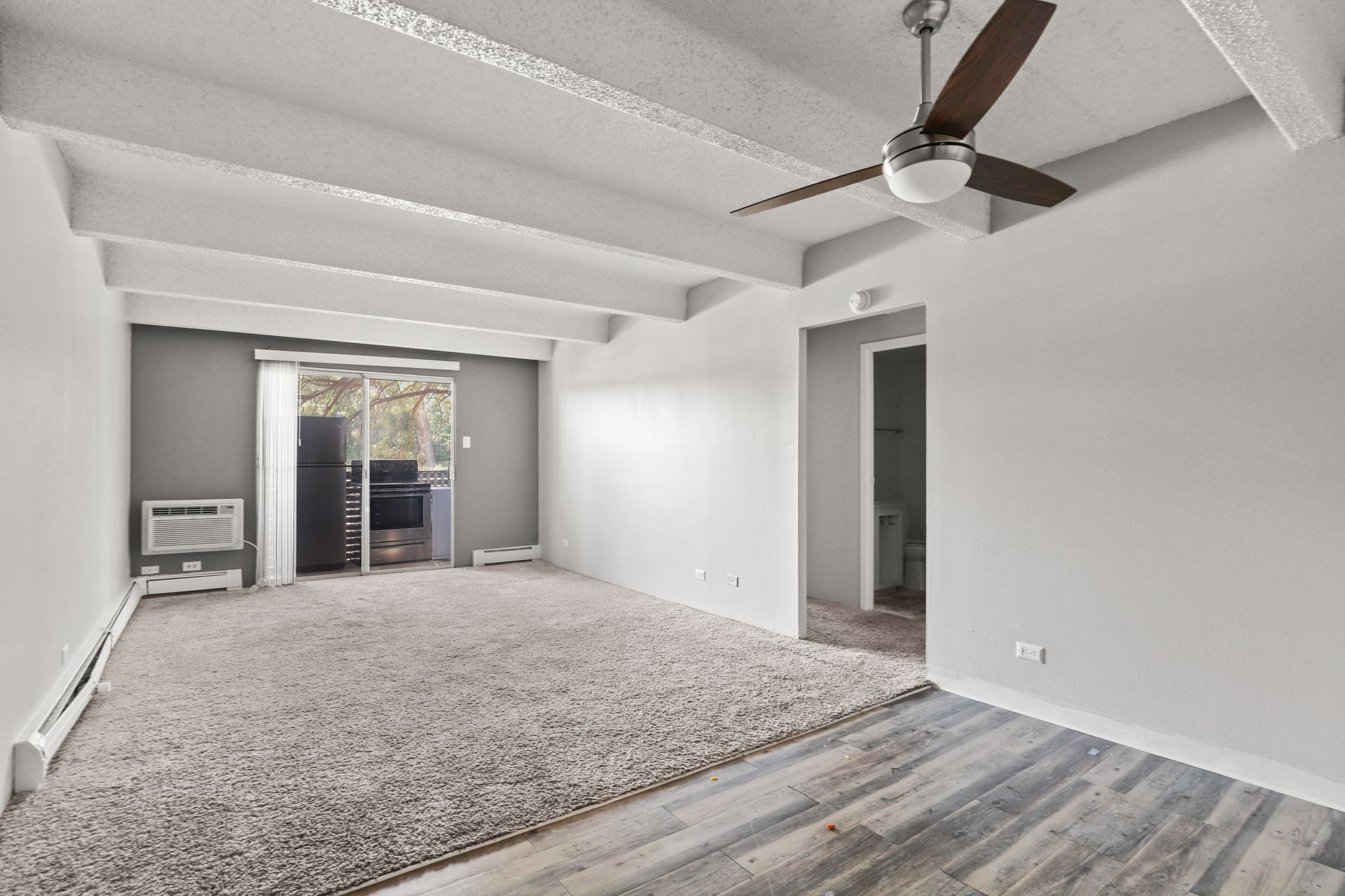 Empty carpeted living room with gray walls, ceiling fan, and sliding glass doors to a balcony