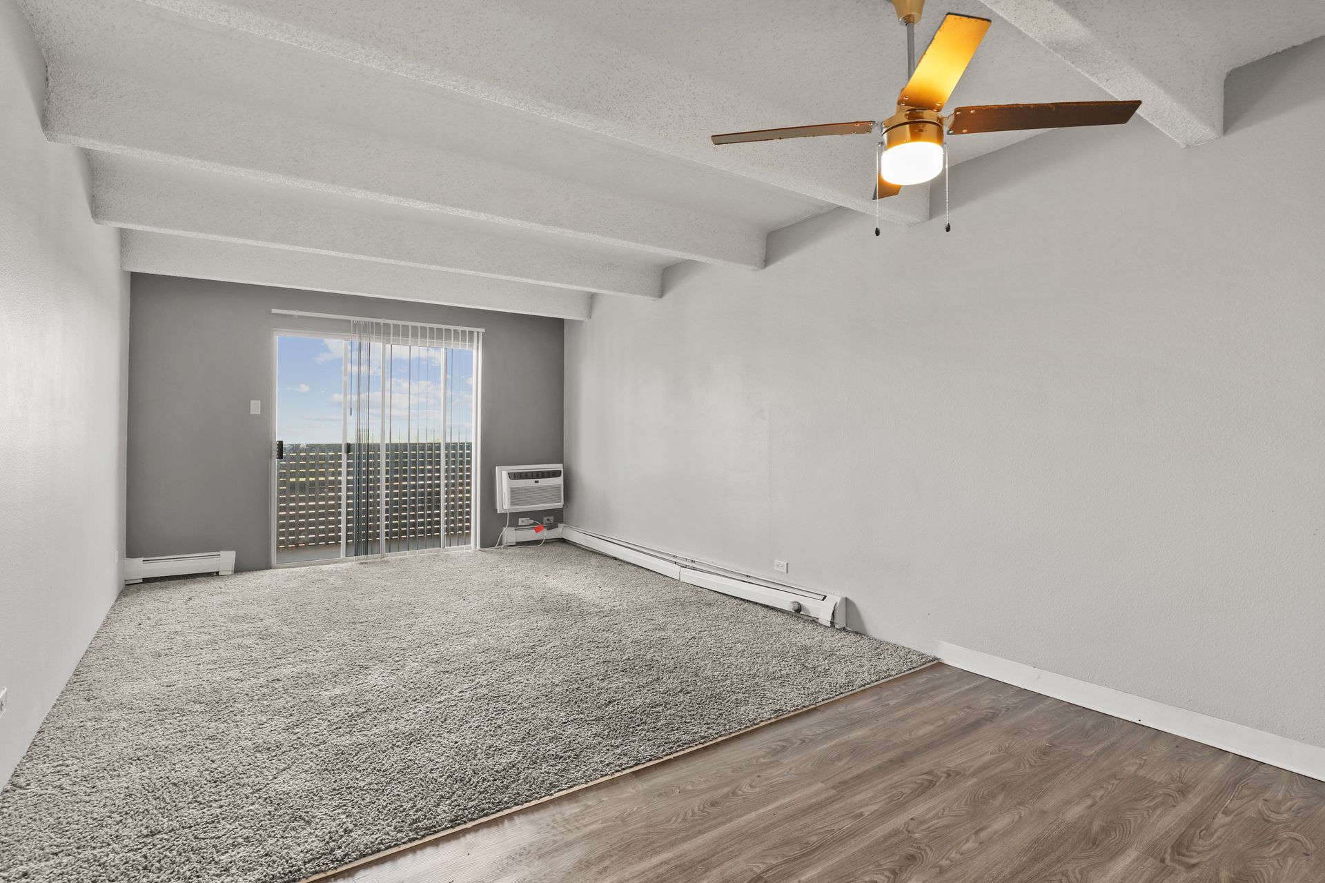 Empty gray bedroom with ceiling fan, carpet, wood floor, and sliding glass door to balcony.