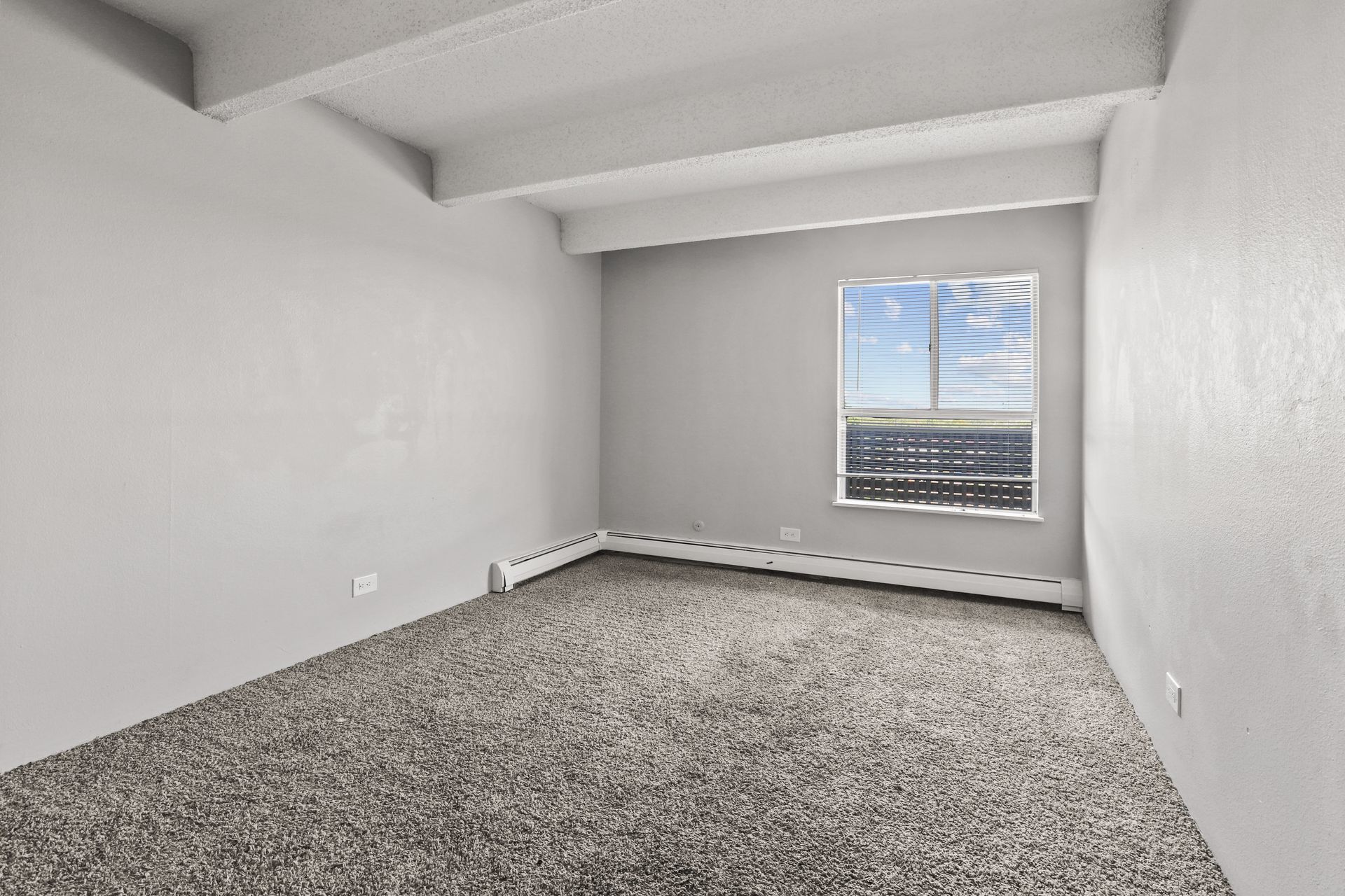 Empty white carpeted room with a window letting in daylight